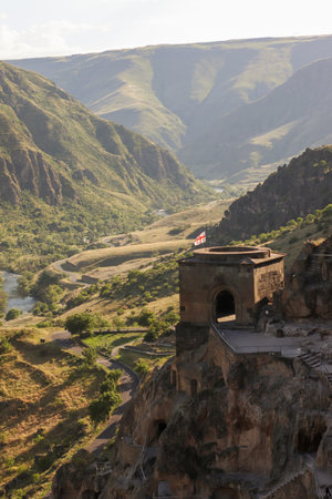View of the Kura River and valley from the cave city of Vardzia, Georgia.の写真素材