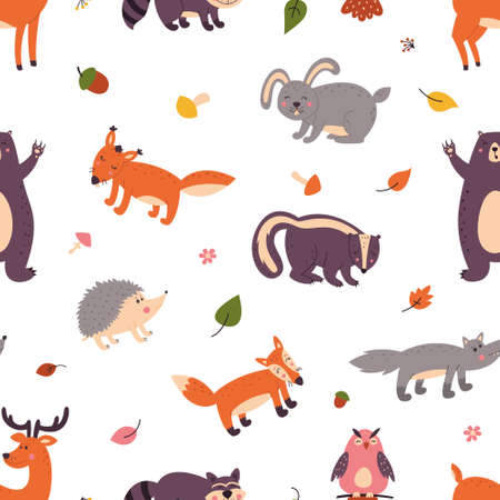 Set of cute forest animals on a white isolated background. Pattern.のイラスト素材