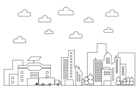 Line art vector Illustration of a modern big city background with skyscrapers. Flat design style. Vector illustration on a white background.のイラスト素材