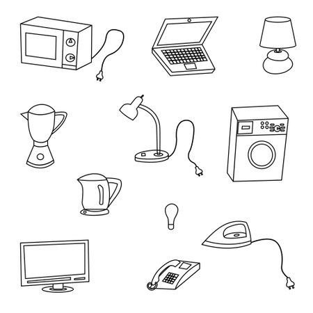 Collection of electricity icons - vector illustration of a silhouette. A set of Electrical appliances. Vector illustration on a white background.のイラスト素材