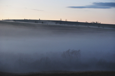 Foggy misty forest hills in a sunsetの写真素材