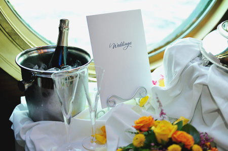 Wedding decoration of table with wine and sign