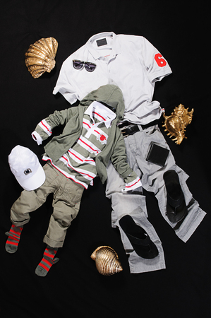 Men clothes for going out to beach  on black backroundの写真素材