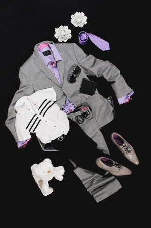 Composition of grey costume and  shoes with violet shirt and tieの写真素材