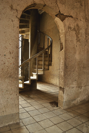 Staircase in abondonded church after eathquake in Nicaraguaの写真素材