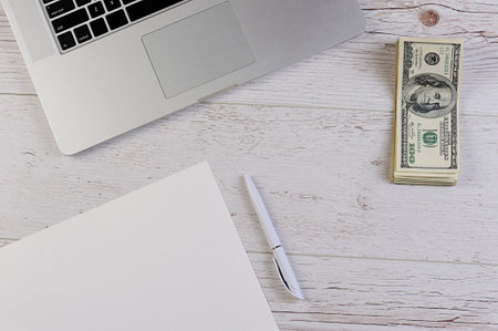 financial planing  on desk with laptop,paper , penの写真素材