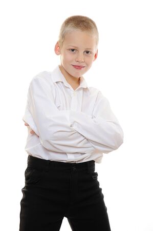 boy crossed arms isolated on white backgroundの写真素材