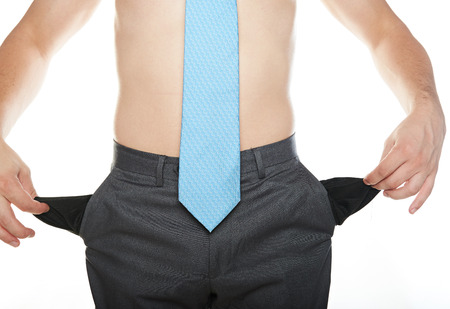 close up man with no money isolated on whiteの写真素材
