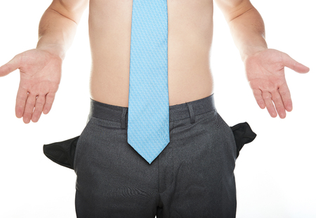 empty man pockets  with blue tie isolated on whiteの写真素材