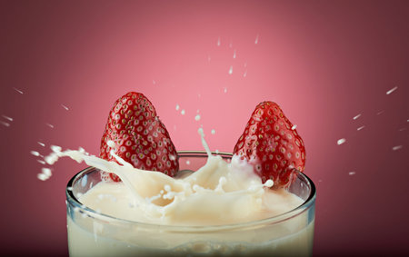 strawberry milk shake with splash isolated on pinkの写真素材