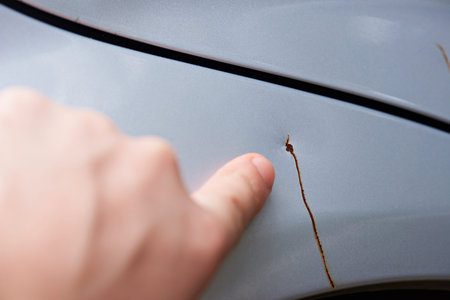 close up hand show scratch on silver carの写真素材