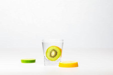 Kiwi in the glass of water, piece of lemon and lime isolated on white backgroundの写真素材
