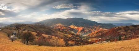 Carpathians canyon in  nature  panorama of autumn mountains sky valley fogの写真素材