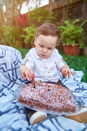 Small boy with birthday chokolate cake in green gardenの写真素材
