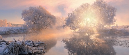 Sunny winter landscape. Bright winter sunrise. Panorama with sunlight and sun beams. Foggy winter morningの写真素材