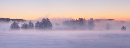 White mist above snow. Winter morning landscape. Colorful winter sunrise. Frosty xmas background.の写真素材