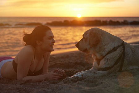 Laughing woman with labrador dog having fun on sunset beach in sun light raysの写真素材