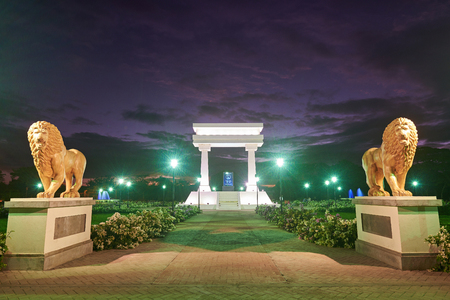 Leon, Nicaragua - January 4, 2017: Ruben Dario park monument  with flowers and lionsのeditorial素材