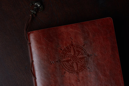 Leather book cover with sea ocean navigation travel backgroundの写真素材