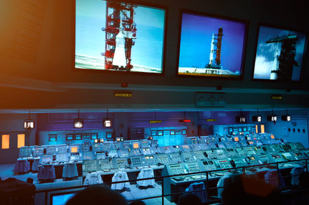 Orlando, USA - August 2, 2012: Control panel system for Moon mission in Nasa museum. Empty panel for...
