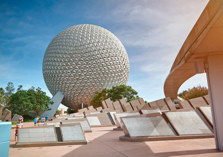 Orlando, USA - August 30, 2012: Epcot park in Disney world. Sphere building in future park on sunny...