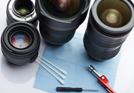 Cleaning professional  photography lens service. Tools for cleaning opticsの写真素材
