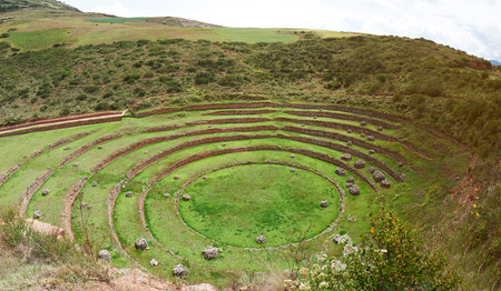 Inca ancient terraces in Peru Moray. Tourist tour to circular green terraces in Peru Cuscoの写真素材
