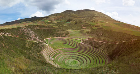 Moray circular terraces panorama landscape. Travel destination in Cusco Peru