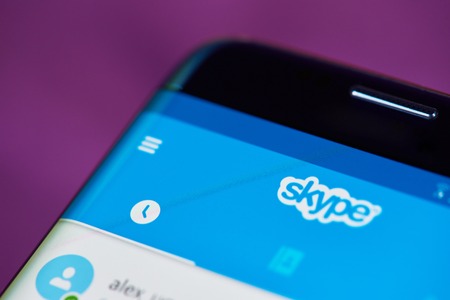 New york, USA - May 22, 2017: Skype application menu close-up on modern smarphone screenのeditorial素材
