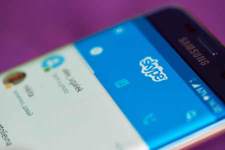 New york, USA - May 22, 2017: Contacts in skype application on modern samsung smartphone screenのeditorial素材