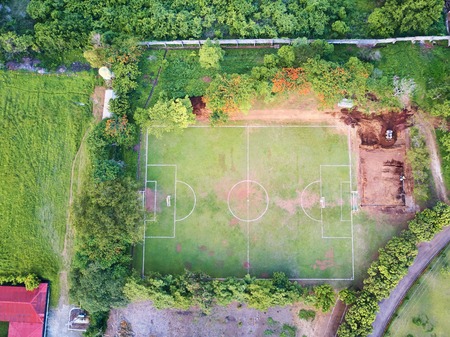 Soccer field in reconstruction aerial above top viewの写真素材