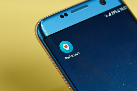 New york, USA - June 23, 2017: Periscope application icon on smartphone screen close-up. Periscope app icon with copy space on screenのeditorial素材