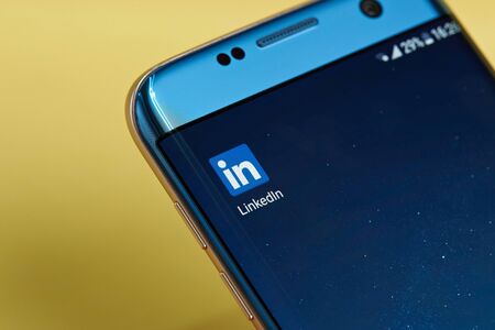 New york, USA - June 23, 2017: Linkedin application icon on smartphone screen close-up. Linkedin app icon with copy space on screenのeditorial素材