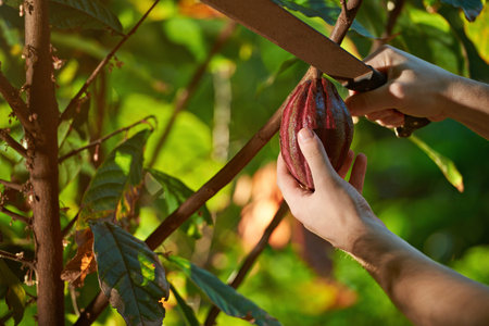 Close-up of hands with machete cutting cacao fruit in harvest timeの写真素材