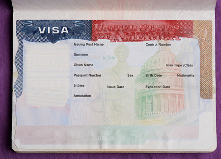 Blank american visa in passport page. Empty visa to enter United state of america