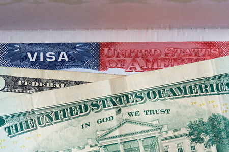 Amercan travel theme. American visa and dollars close-upの写真素材