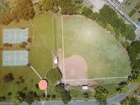 Different sport green field aerial drone view on sunny light dayの写真素材