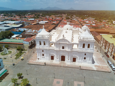 White church in Leon on volcano background aerial drone viewの写真素材
