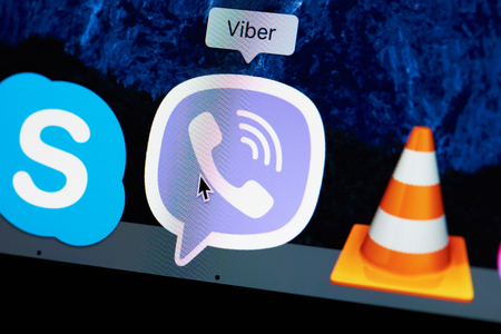 New york, USA - August 18, 2017: Viber application icon on laptop screen close-up. Starting viber appのeditorial素材