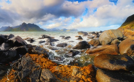 Beautiful norwegian nature on a summer sunny day. Seascape of Lofoten stone beach.の写真素材