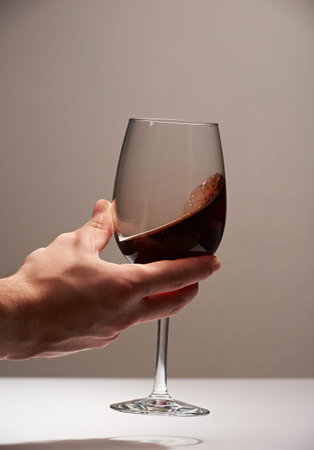Elegant hand with red wine glass. Testing winery backgroundの写真素材