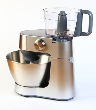 New modern steel food processor isolated on white background