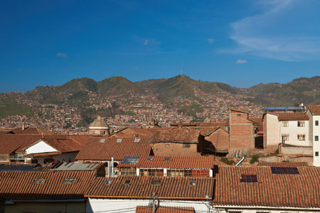 Cityscape of old cusco in Peru. Aerial view of old Cusco town
