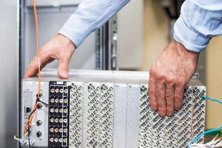 Hand of engineer on protection relay close-up. Instalation and tuning of protection relay.