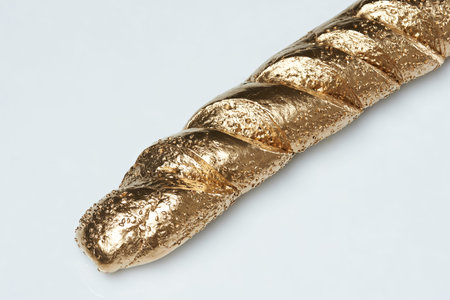 French baguette from gold isolated on white background. Golden food theme