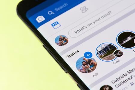 New york, USA - April26, 2018: Facebook stories menu on smartphone screen close-upのeditorial素材