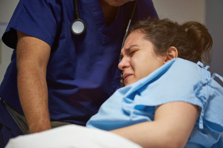 Emergency medical help theme. Young hispanic woman in pain