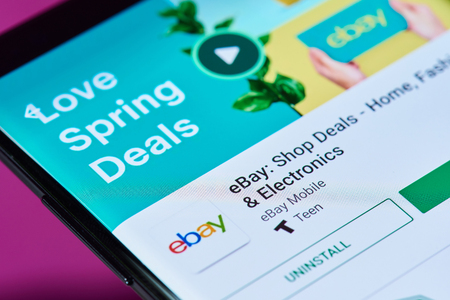 New york, USA - June 10, 2018: Ebay online shop on android smartphone screen close up viewのeditorial素材