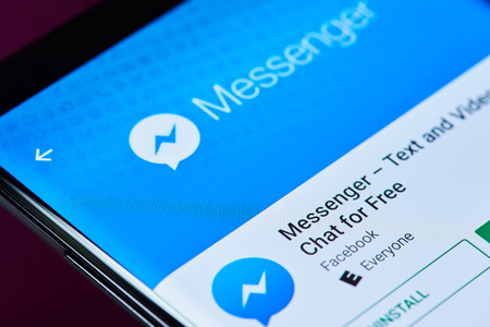 New york, USA - June 10, 2018: Facebook meessenger application on android smartphone screen close up viewのeditorial素材