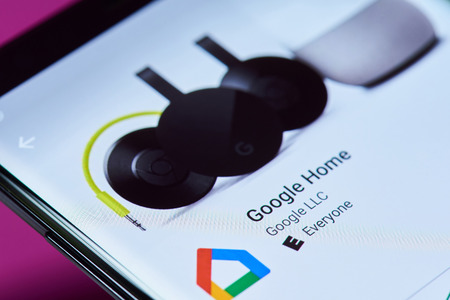 New york, USA - June 10, 2018: Google home application on android smartphone screen close up viewのeditorial素材